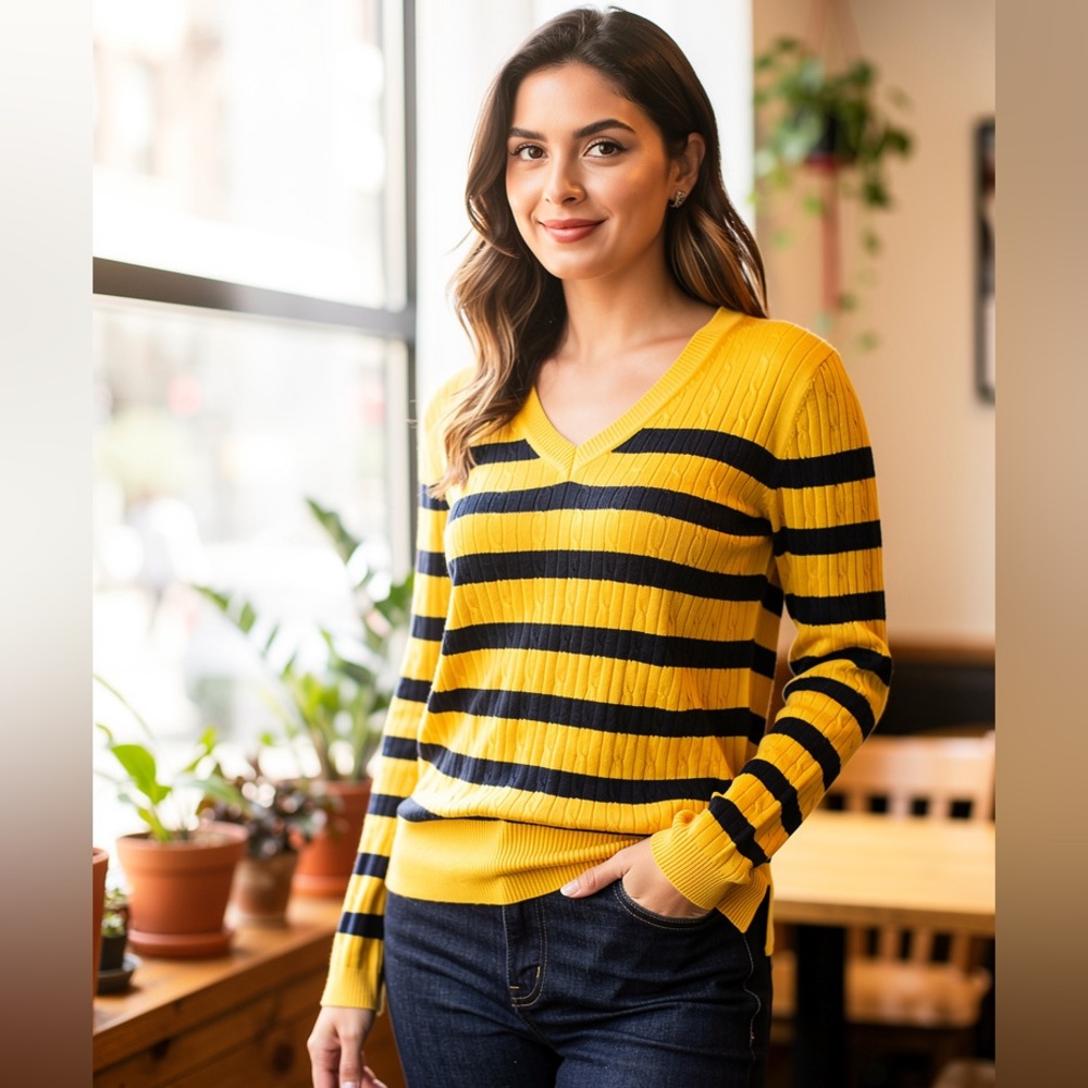 Tommy Hilfiger Yellow Black Striped V-Neck Knit Sweater Fall Size M